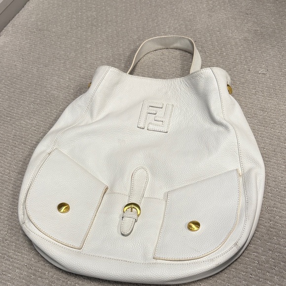 Fendi Handbags - Fendi White Leather Shoulder Bag with Gold Hardware
